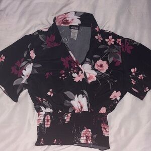 Fashion Magazine Black Floral Wrap Blouse with Pink Accents